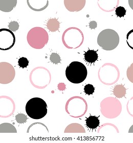 Cute vector geometric seamless pattern. Brush strokes. Polka dots and blots. Hand drawn grunge texture. Abstract forms. Endless texture can be used for printing onto fabric or paper.