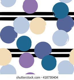 Cute vector geometric seamless pattern . Polka dots and stripes. Brush strokes. Hand drawn grunge texture. Abstract forms. Endless texture can be used for printing onto fabric or paper.