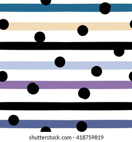 Cute vector geometric seamless pattern . Polka dots and stripes. Brush strokes. Hand drawn grunge texture. Abstract forms. Endless texture can be used for printing onto fabric or paper.