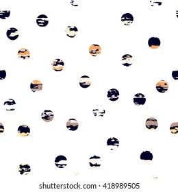 Cute vector geometric seamless pattern . Polka dots and stripes. Brush strokes. Hand drawn grunge texture. Abstract forms. Endless texture can be used for printing onto fabric or paper.
