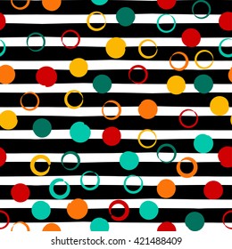 Cute vector geometric seamless pattern . Polka dots and stripes. Brush strokes. Hand drawn grunge texture. Abstract forms. Endless texture can be used for printing onto fabric or paper.
