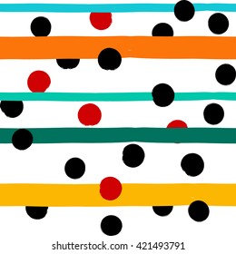 Cute vector geometric seamless pattern . Polka dots and stripes. Brush strokes. Hand drawn grunge texture. Abstract forms. Endless texture can be used for printing onto fabric or paper.