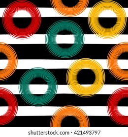 Cute vector geometric seamless pattern . Polka dots and stripes. Brush strokes. Hand drawn grunge texture. Abstract forms. Endless texture can be used for printing onto fabric or paper.