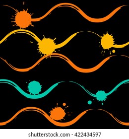 Cute vector geometric seamless pattern. Brush strokes, wavy lines and blots. Hand drawn grunge texture. Abstract forms. Endless texture can be used for printing onto fabric or paper.