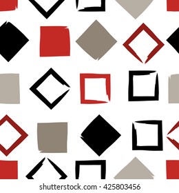 Cute vector geometric seamless pattern. Brush strokes, triangles and squares. Hand drawn grunge texture. Abstract forms. Endless texture can be used for printing onto fabric or paper.