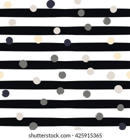 Cute vector geometric seamless pattern . Polka dots and stripes. Brush strokes. Hand drawn grunge texture. Abstract forms. Endless texture can be used for printing onto fabric or paper.