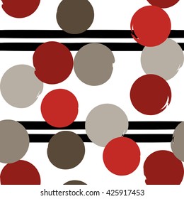 Cute vector geometric seamless pattern . Polka dots and stripes. Brush strokes. Hand drawn grunge texture. Abstract forms. Endless texture can be used for printing onto fabric or paper.