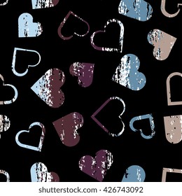 Cute vector geometric seamless pattern. Brush strokes, hearts. Hand drawn grunge texture. Abstract forms. Endless texture can be used for printing onto fabric or paper.