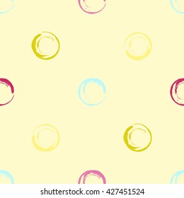 Cute vector geometric seamless pattern. Brush strokes. Polka dots and blots. Endless texture can be used for printing onto fabric or paper.