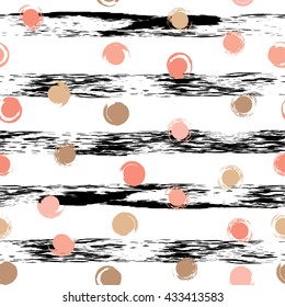 Cute vector geometric seamless pattern . Polka dots and stripes. Brush strokes. Hand drawn grunge texture. Abstract forms. Endless texture can be used for printing onto fabric or paper