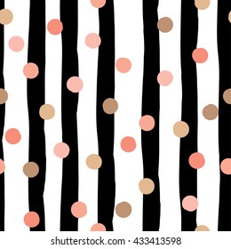 Cute vector geometric seamless pattern . Polka dots and stripes. Brush strokes. Hand drawn grunge texture. Abstract forms. Endless texture can be used for printing onto fabric or paper