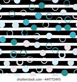 Cute vector geometric seamless pattern . Polka dots and stripes. Brush strokes. Hand drawn grunge texture. Abstract forms. Endless texture can be used for printing onto fabric or paper.