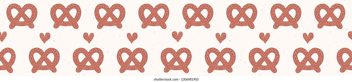 Cute vector german pretzel cartoon with love heart. Seamless repeating food border illustration. Hand drawn kawaii bakery bread for kitchen foodie blog, germany oktoberfest restaurant banner ribbon.