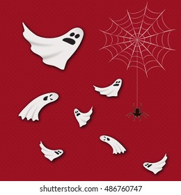 Cute vector ghosts for Halloween, flying in the air. Spooky party celebration concept with spider hanging on web. Set of cute scary Halloween ghost for  flyers, invitations, backgrounds.