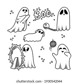 Cute vector ghosts icons, Halloween design set, Kawaii black stroke ghost collection on white background