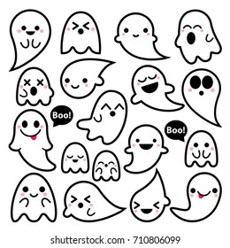 Cute vector ghosts icons, Halloween design set, Kawaii black stroke ghost collection on white background
  Cartoon ghost characters - happy, surprised, scary, smiling, Halloween decorations
