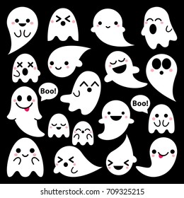 Cute Vector Ghosts Icons On Black Background, Halloween Design Set, Kawaii Ghost Collection 