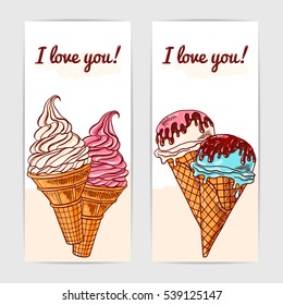 Cute vector gift cards with hand drawn ice creams.