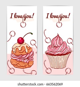Cute vector gift cards with hand drawn cakes and berries.
