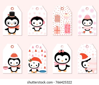 Cute vector gift tags with cartoon penguin characters for Christmas presents and winter decoration