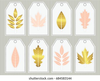 Cute vector gift tags with golden and pink leaves. Cute labels. Fall. Autumn.