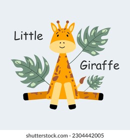 Cute vector giraffe. Cartoon giraffe, palm leaves, lettering. Charming African animal isolated on white background. Print design on children's t-shirt. Postcard design in flat style. Children's theme.