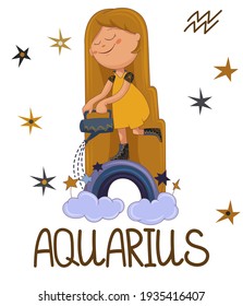 Cute vector girl  aquarius with rainbow and watering can from set of zodiac sign. Color cartoon character on white