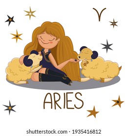 Cute  vector girl  with aries from set of zodiac sign. Coloring cartoon character on white