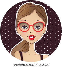 Cute vector girl avatar icon. Young woman face. Cartoon illustration. Beautiful brunette. Smiling lady portrait. Fashionable chick. Happy girl with glasses.