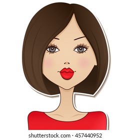 Cute vector girl avatar icon. Happy girl with red lips.