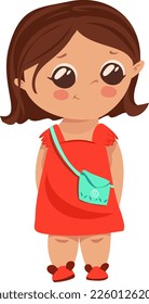 A cute vector girl with big eyes in a coral color dress and a turquoise bag, stands embarrassed. On the legs are funny shoes with ears.