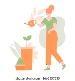 Cute vector girl character is watering potted plants. Gardening and farming, caring for nature. Go green. Flat illustration.