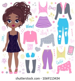 Cute vector girl with clothes collection. Little model with dark hairstyle. Funny girls character. Stylish sketch illustration. Cartoon teens. Glamour baby. Fashion kids.
