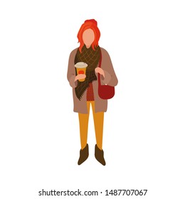 Cute vector girl with coffee to go. Holding paper cup. Autumn time of the year. Fall season fashion look. Young woman in coat and thick checkered scarf. Flat faceless isolated character design.