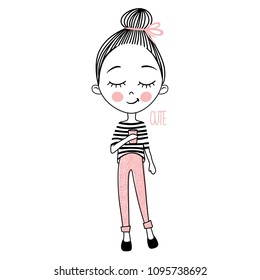 Cute vector girl with coffee. Sketch style. Young model. Stylish teenager. Pretty teen. Cartoon girls illustration. Casual look. Stylish portrait. Beauty face.