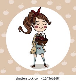 Cute vector girl with dark hair holding a basket of ripe apples