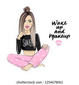 Cute vector girl. Fashion illustration in sketch style. Young woman. Positive quote - Wake up and makeup. Beatiful lady. Use for girs card, social media, blogs, wall decoration, planner stickers.