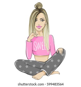 Cute vector girl. Fashion illustration in sketch style. Young teen. Fashionable blonde. Young woman. Swag chick. Stylish lady. Vogue graphic. Trendy style.