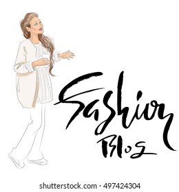Cute vector girl illustration. Woman with mug of coffee. Fashion blog lettering