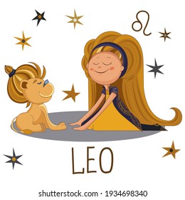 Cute vector girl  with leo from set of zodiac sign. Cartoon character on white