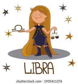 Cute vector girl libra with 
scales of justice in her hand from set of zodiac sign. Color cartoon character on white