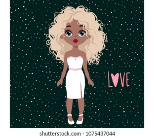 Cute vector girl. Little model with blonde hairstyle. Funny girls character. Stylish sketch illustration. Cartoon teens. Glamour baby. Fashion kids.
