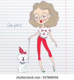 Cute vector girl and pet on a piece of paper.Stylish young teen went for a walk with the dog. Cartoon lady. Colorful illustration in notebook paper.Pen drawing imitation.Little model.Funny personage