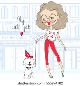 Cute vector girl and pet. Stylish young teen went for a walk with the dog. Cartoon lady. Colorful sketch illustration. Little model. Casual outfit. Funny personage. 