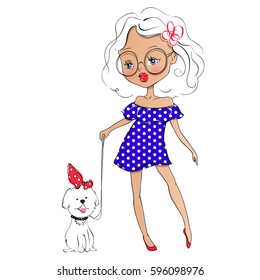 Cute vector girl and pet. Stylish young teen went for a walk with the dog. Cartoon lady. Colorful sketch illustration. Little model. Casual outfit. Funny personage. Fashion chic. 