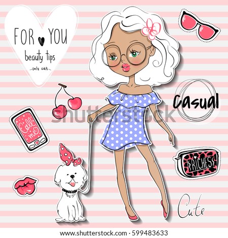 Cute vector girl and pet. Stylish young teen went for a walk with the dog. Cartoon lady. Colorful sketch illustration. Little model. Casual outfit. Funny personage. Fashion chic. 