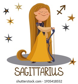 Muchacha vectorial aguda sagittarius con arco y flechas de un conjunto de signos de zodiaco. Caricatura en blanco