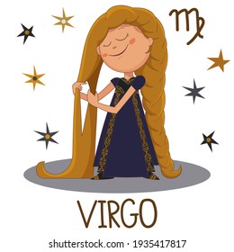 Cute vector girl  virgo braids a braid from set of zodiac sign. Color cartoon character on white