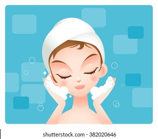 Cute Vector Girl Washing Her Face, Facial Care, Skin Care