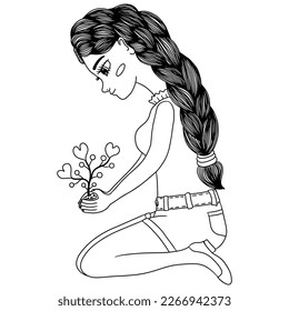 Cute vector girl or woman for children's or adult coloring. Illustration with girl or woman for page or book. Colouring people.